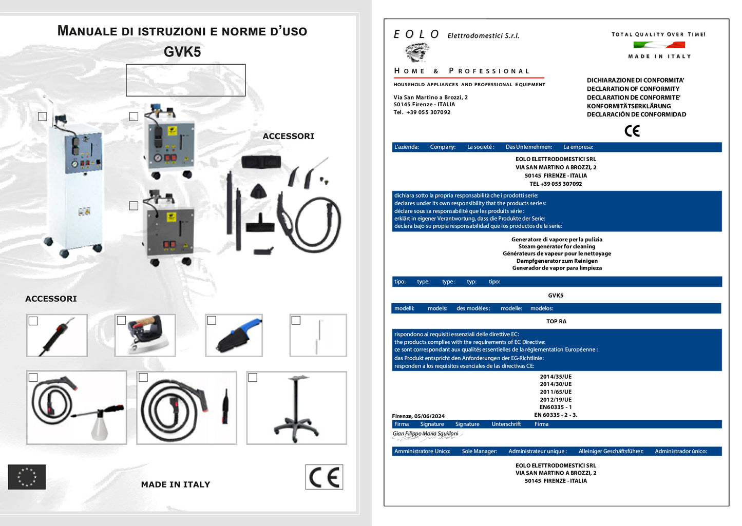 EOLO Pulitore GVK5P TOPRA Vapore Multiuso Professionale Pulizia Igienizzazione Sanificazione Pavimenti Tappezzeria Sistema di Pulizia Vaporetto Disinfettare Materassi Kit Pulizia Interni Auto Anticalcare Made in Italy Garanzia 5 Anni Efficienza A++